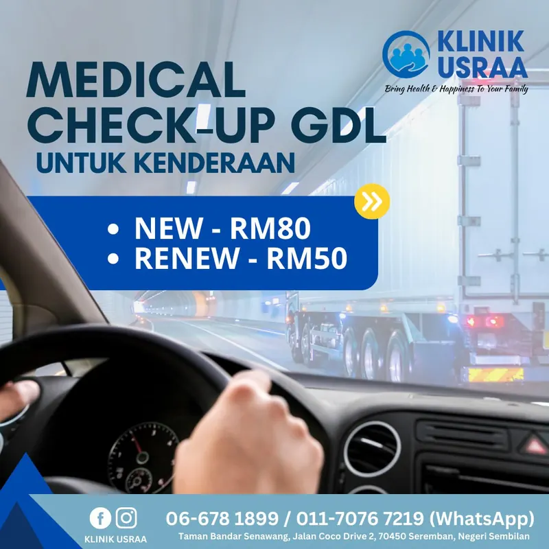 Poster medical check up GDL Klinik Usraa Senawang: permohonan baru RM80, renew RM50