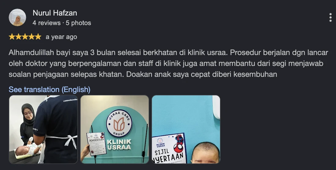Screenshot ulasan Google 5 bintang daripada Nurul Hafzan: bayi 3 bulan selesai berkhatan di Klinik Usraa, prosedur lancar dan staff membantu menjawab soalan penjagaan selepas khatan.
